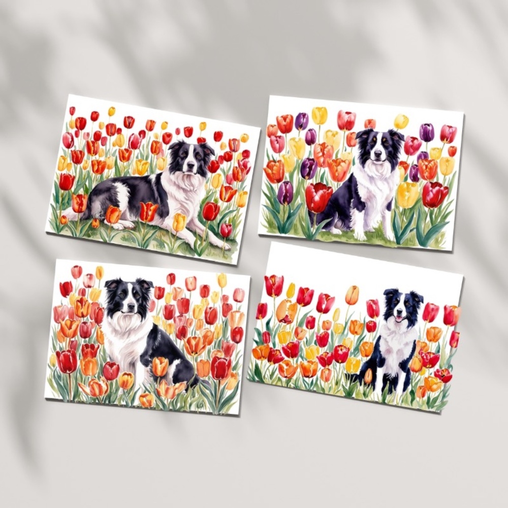 Border Collie  in a Field of Tulips, Spring Collection Blank Note Card Set